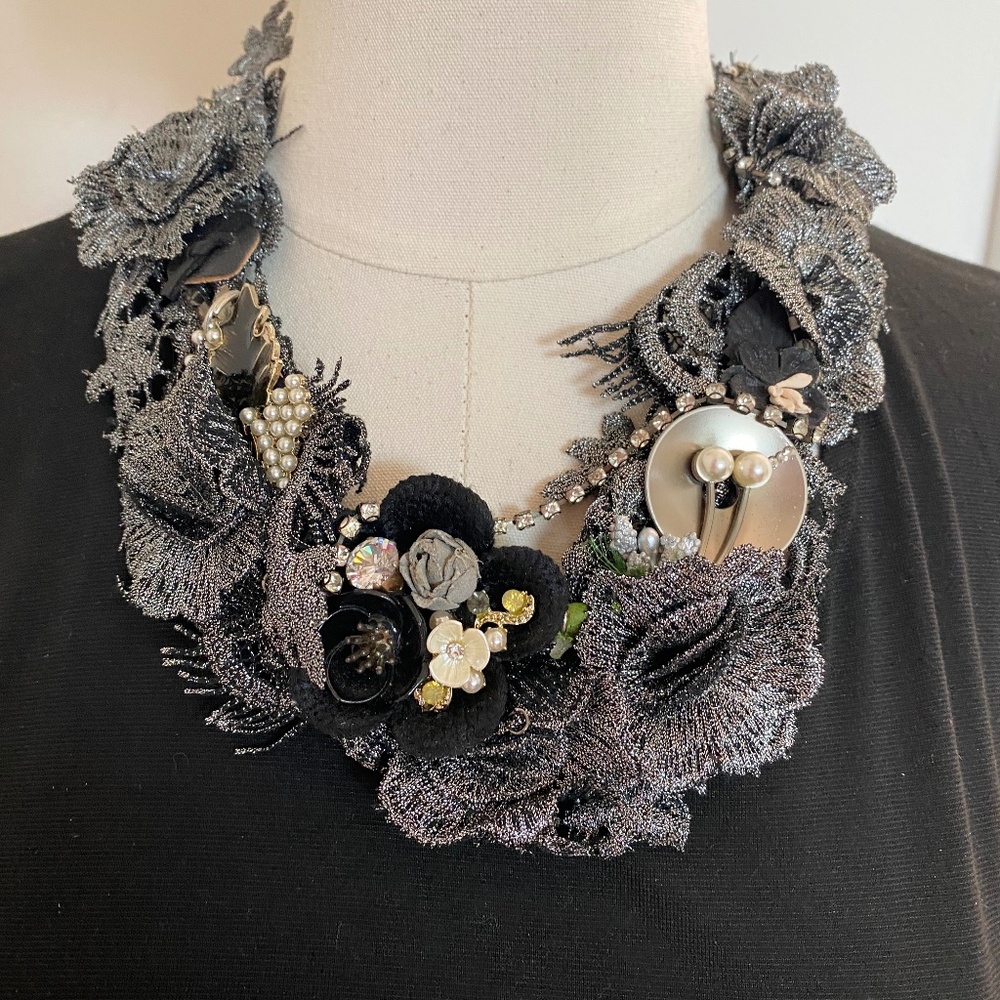 Grey Rose with Faux Pearl and Diamond Necklace